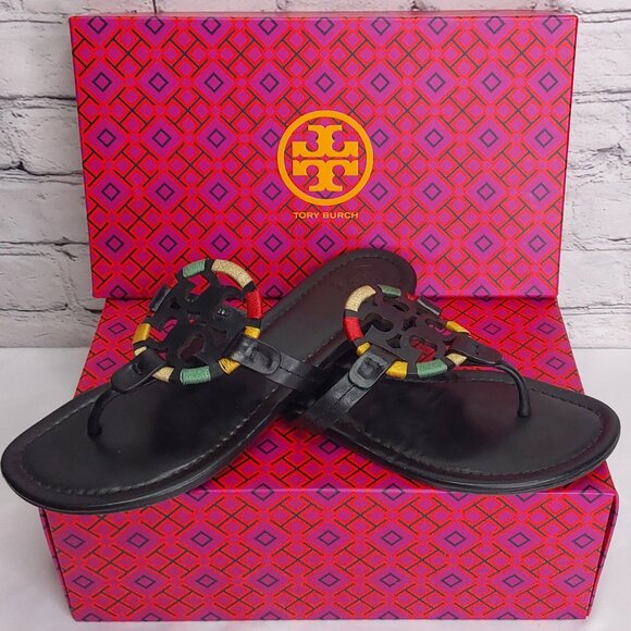 TORY BURCH 'MILLER' LEATHER THONG SANDALS EMBROIDERED W/'TB' BOX - Picture 5 of 16